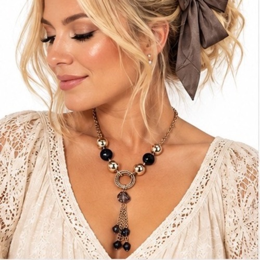 Tassel Statement Necklace Metallic Sphere Black Smoky Grey Bead Accents
